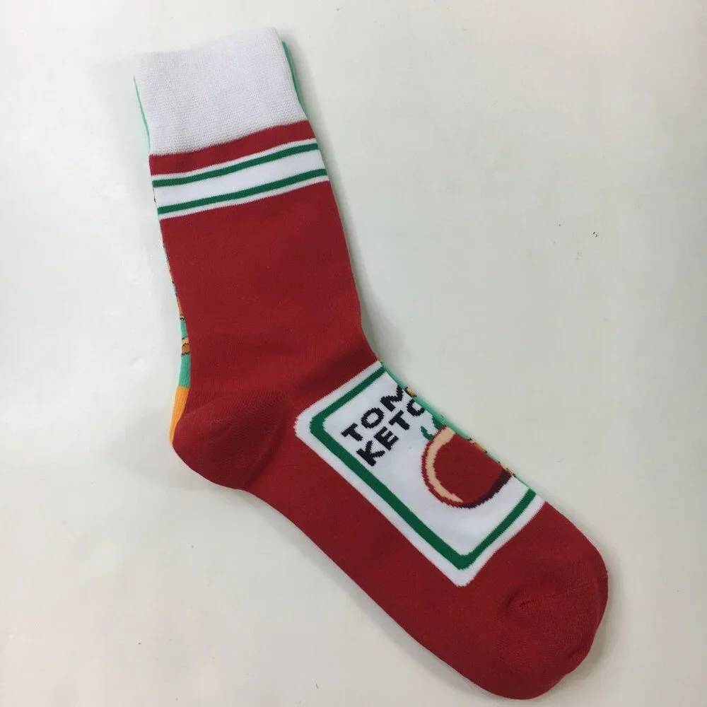 Unisex French Fry Ketchup Novelty Crew Socks Funny Food Design Red Blue Yellow